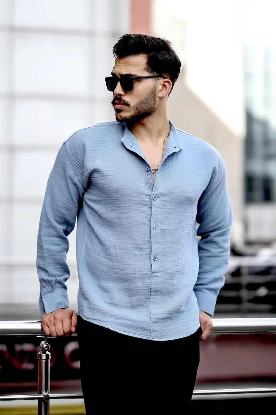 Chemise en muslin oversize à col mandarin à demi-boutonnage - Justyol