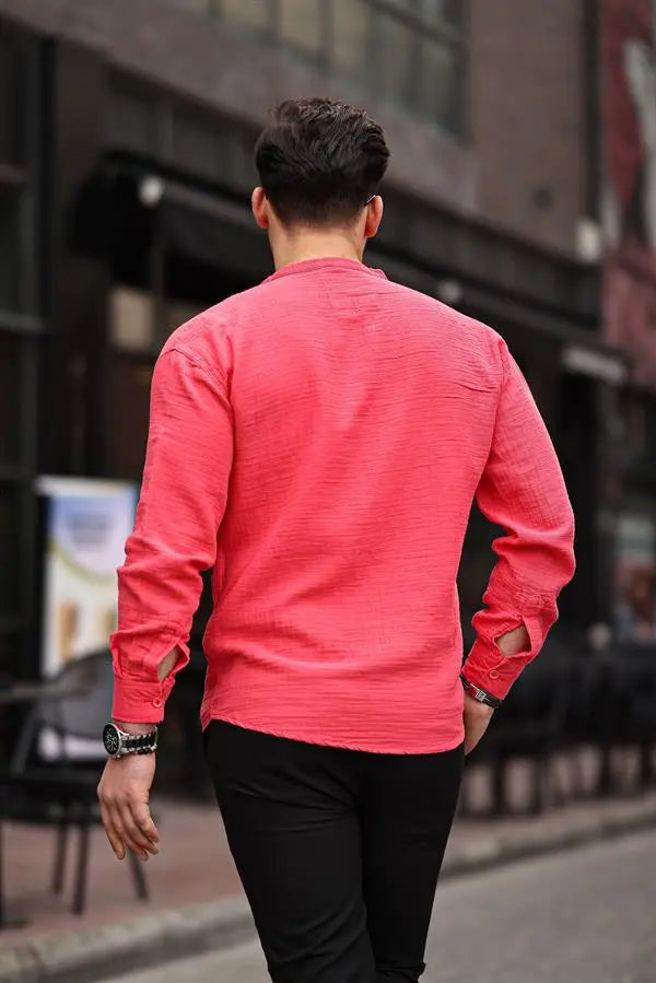 Chemise homme oversize en mousseline col mao demi-patte