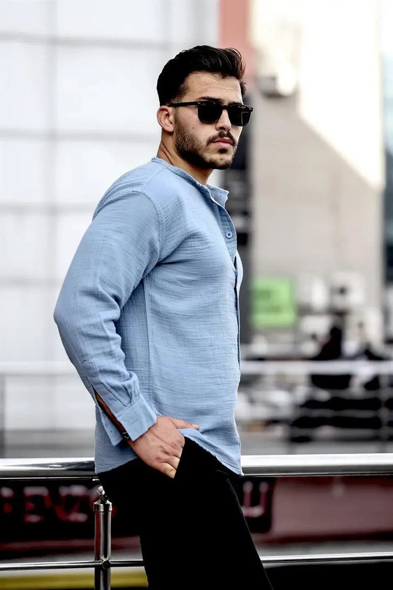 Chemise en muslin oversize à col mandarin à demi-boutonnage