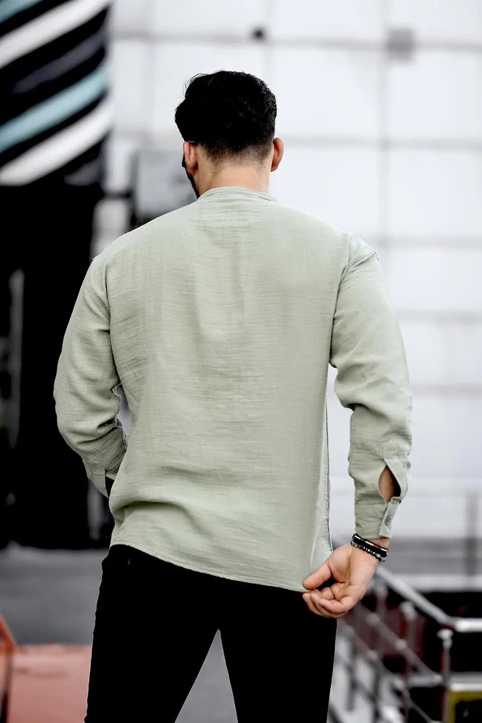 hafif ve nefes alabilir erkek müslin yarim pat hakim yaka oversize gömlek - Justyol
