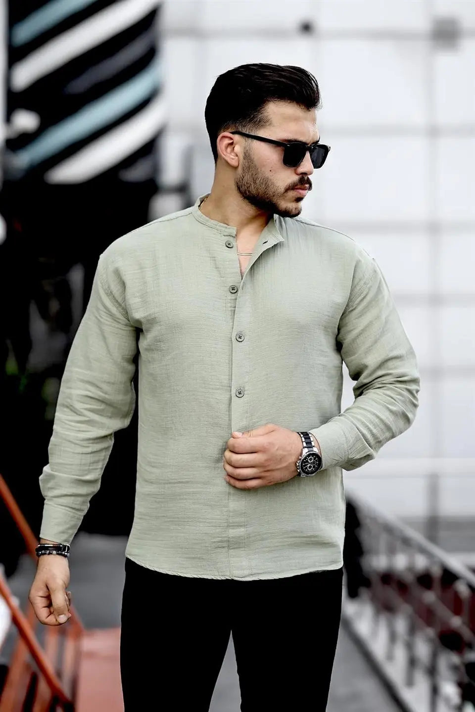 hafif ve nefes alabilir erkek müslin yarim pat hakim yaka oversize gömlek - Justyol