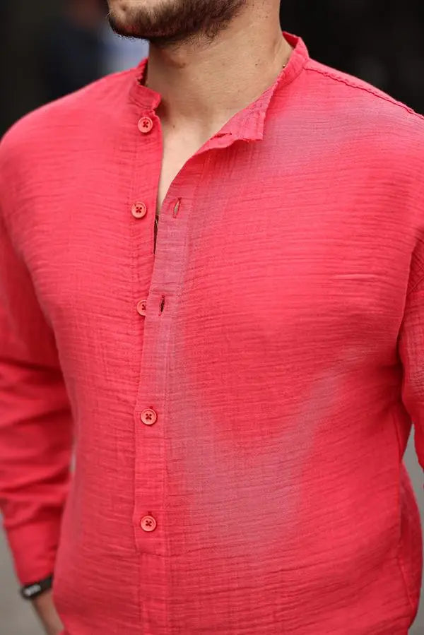 Chemise homme oversize en mousseline col mao demi-patte