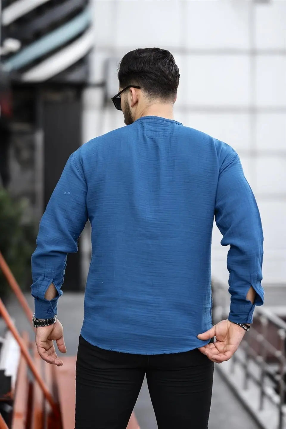 hafif ve nefes alabilir erkek müslin yarim pat hakim yaka oversize gömlek - Justyol