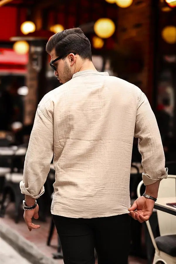 Chemise homme oversize en mousseline col mao demi-patte