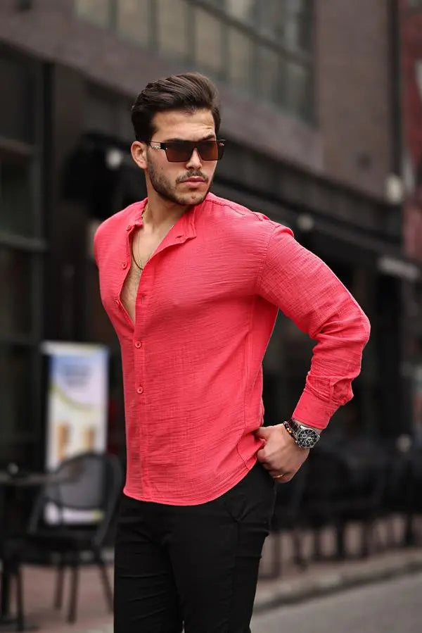 hafif ve nefes alabilir erkek müslin yarim pat hakim yaka oversize gömlek - Justyol
