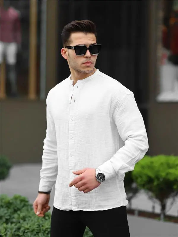 Chemise homme oversize en mousseline col mao demi-patte