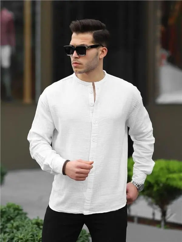 Chemise homme oversize en mousseline col mao demi-patte