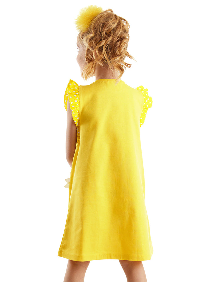 Robe Fille en Coton avec Fleurs Marguerites 3D & Manches Volantées