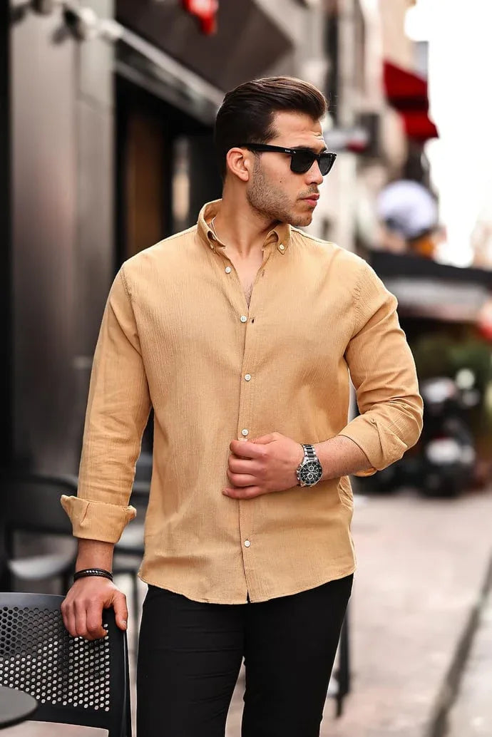 Chemise homme en coton lin froissé manches longues - Justyol