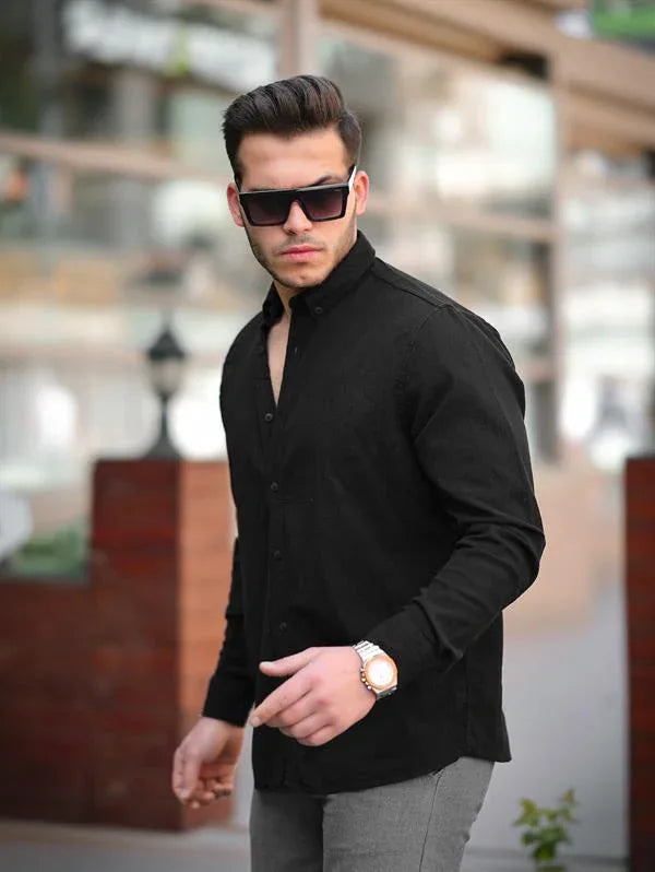 Chemise homme en coton lin froissé manches longues
