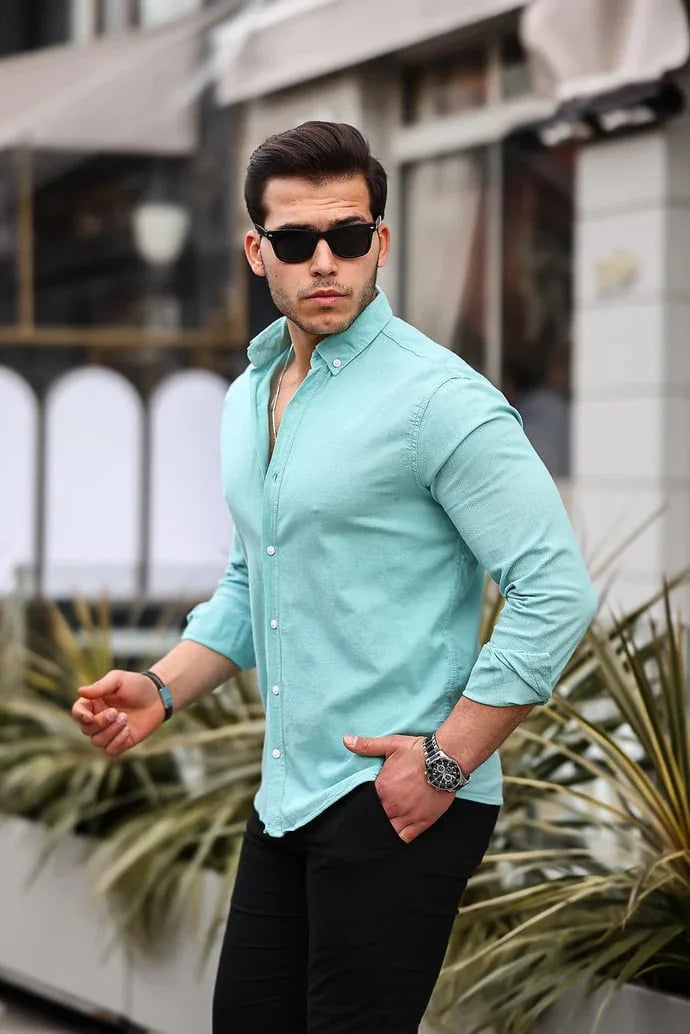 Chemise homme en coton lin froissé manches longues