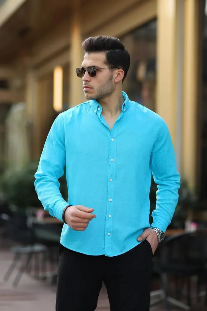 Chemise homme en coton lin froissé manches longues - Justyol
