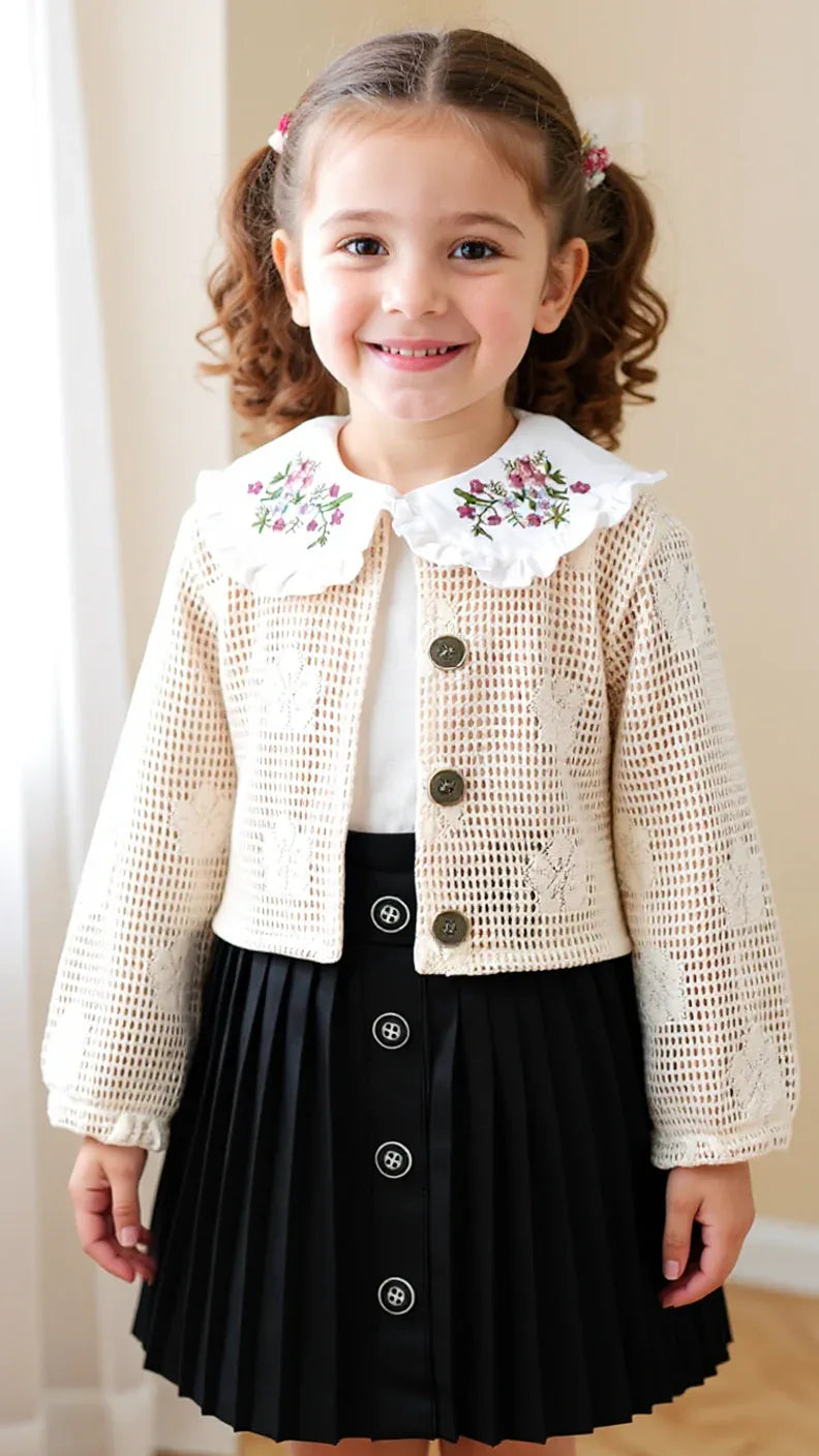 Tenue Élégante 3 Pièces pour Fille - Jupe Chic, Blouse Blanche et Veste Tricotée - Justyol