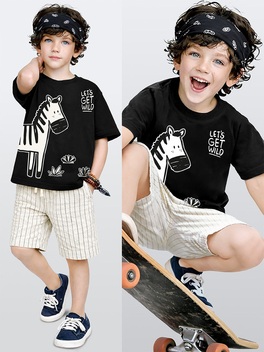 Ensemble garçon 2 pièces t-shirt imprimé zèbre et short rayé – Confort et style nature