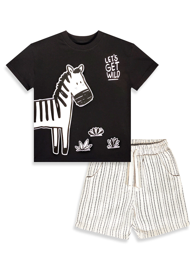 Ensemble garçon 2 pièces t-shirt imprimé zèbre et short rayé – Confort et style nature